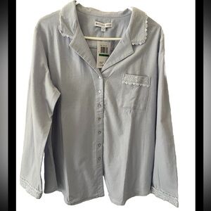 NWT Eileen West 100% cotton Lilac Long Sleeve Pajama Top White Lace Trim Large